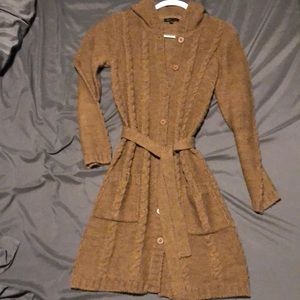 Hooded & Belted Cable Knit Sweater